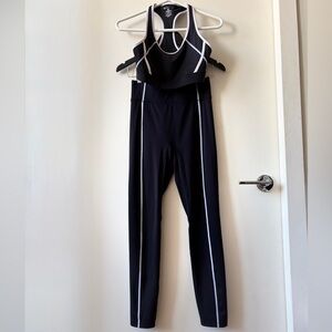 Bandier 2pc Black High-Waist Performance Leggings with White Piping + sports bra